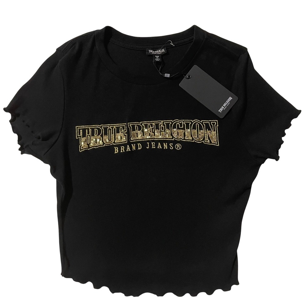 True Religion Womens Lettuce Rib Sequin Cropped Tee Black Gold Logo Glam Large
